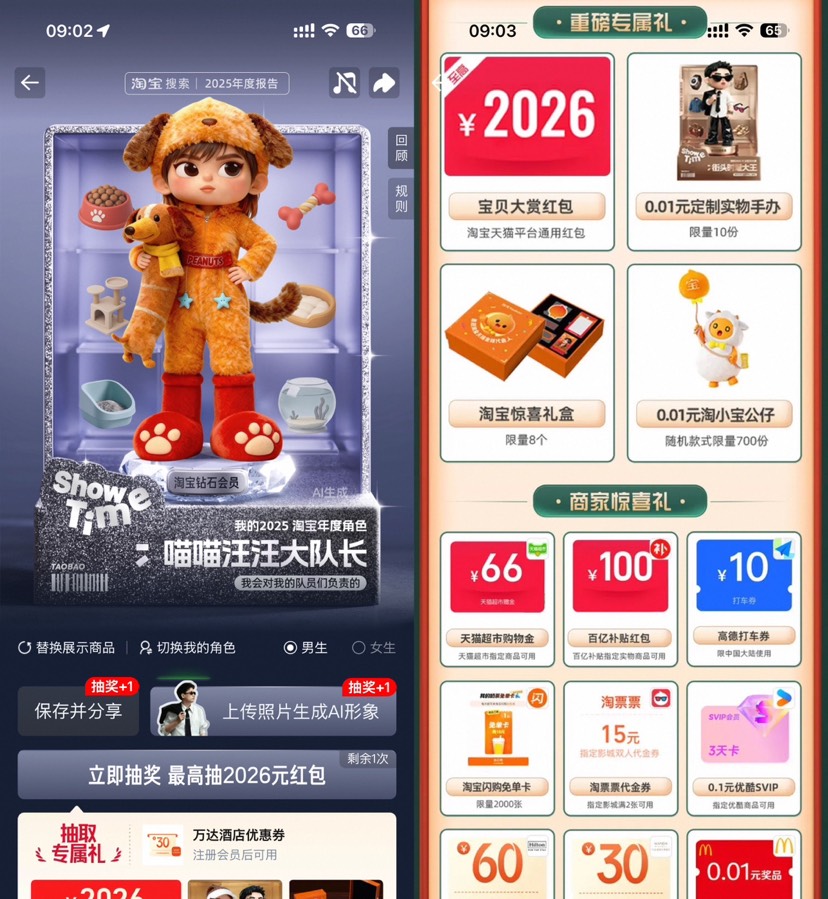 淘宝年度报告抽实物或免单券